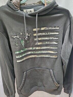 Buck Wear Men's Size Medium Green American Flag Deer Skull Hoodie Camo Lined